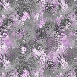 Whimsical abstract plants tossed, scattered summer hues 6” repeat pale pink, grey