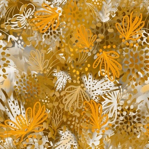 Whimsical abstract plants tossed, scattered summer hues 24” repeat honeycomb yellow , white tan, brown, 