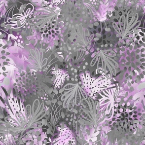Whimsical abstract plants tossed, scattered summer hues 24” repeat pale pink, grey
