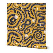 Navy blue snakes on yellow sand beach vacation, fun snake characters