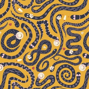 Navy blue snakes on yellow sand beach vacation, fun snake characters