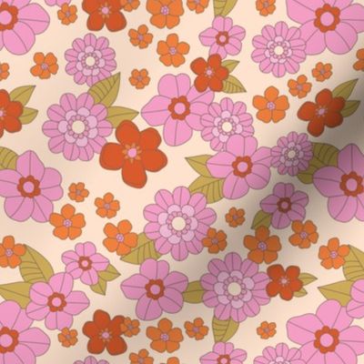 Sixties flower power retro blossom summer design - vintage floral garden and leaves pink red olive on cream