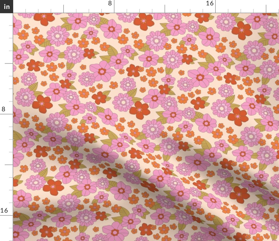 Sixties flower power retro blossom summer design - vintage floral garden and leaves pink red olive on cream