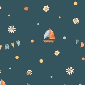 Cute ship and colorful garlands on navy blue