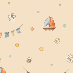 Cute ship and birthday garlands in neutral colors