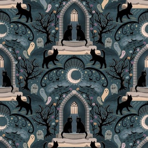 Witches cats visit haunted mansions and cemeteries at night - goth, witch, halloween, spooky, ghosts - dark teal-blue - large