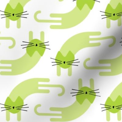 playful cat - lime and honeydew colors - landscape - stylized cat wallpaper and fabric