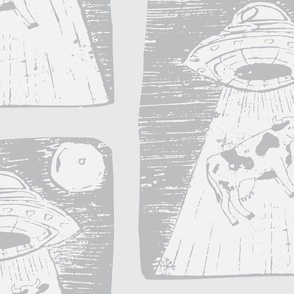 Ufo Abduction Cows Grey block print Textured on Grey