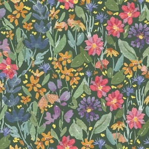 Hidden Whimsy dark green with yellow, pink and purple florals for wallpaper