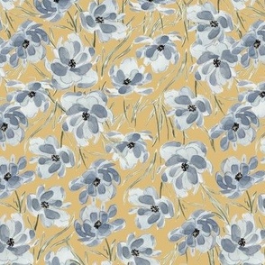 Small - Pastel Blue Florals Print - Gold Yellow