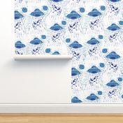 Chinosserie Blue Cows go to Outer Space  block print Textured on White