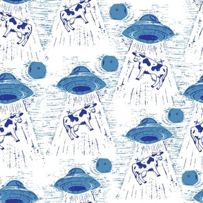 Chinosserie Blue Cows go to Outer Space  block print Textured on White