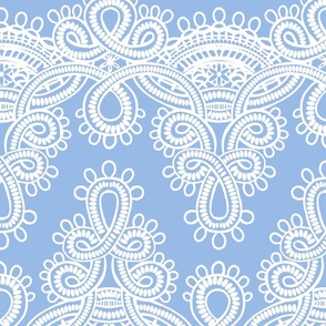 alencon lace on light blue wallpaper scale