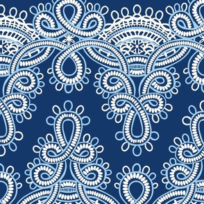 alencon lace on navy wallpaper scale