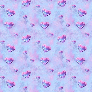 Pink and purple crystal hearts on mottled pastel blue