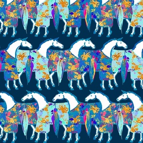 Horses in Kimonos, Navy Background, Blue Outline, faux gold leaf, 12.00in x 13.33in repeat scale