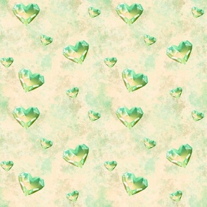 Green and yellow crystal hearts on mottled green