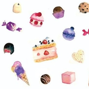 Scattered Watercolor Sweet Treats — Cupcakes, Chocolate, Ice Cream, Macarons, Lollies