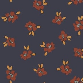 Moody hand drawn floral daisy in dark brown on navy blue 