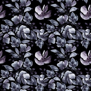 Mona Wildflower-Grid, Gray and Violet Floral on Black