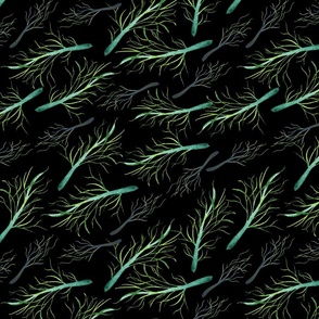 Mossy Waves//13x13//Handpainted watercolor motifs in green, yellow, blue on a black background