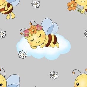 Bumble Bees Sleeping Clouds Gray Floral Girl Nursery 