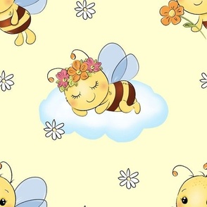 Bumble Bee Sleeping Clouds Yellow Floral Girl Nursery 