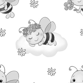 Bumble Bee Sleeping Clouds Gray Floral Girl Nursery 
