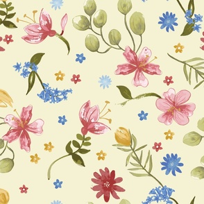 Watercolour ditsy fun floral design in bright colours on light green fabric and wallpaper
