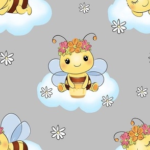 Bumble Bee Floral Cloud Girl Nursery Gray