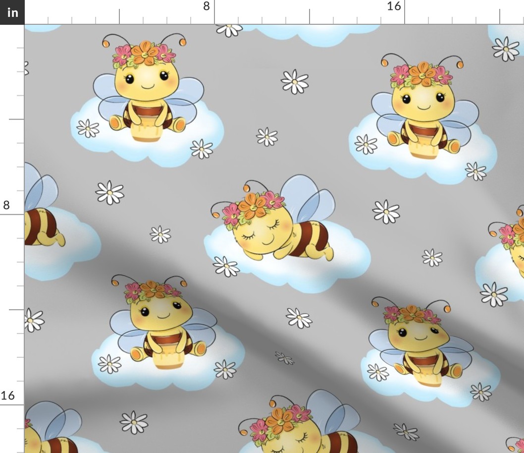 Bumble Bee Floral Cloud Girl Nursery Gray