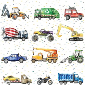 watercolor trucks and cars in line with dots