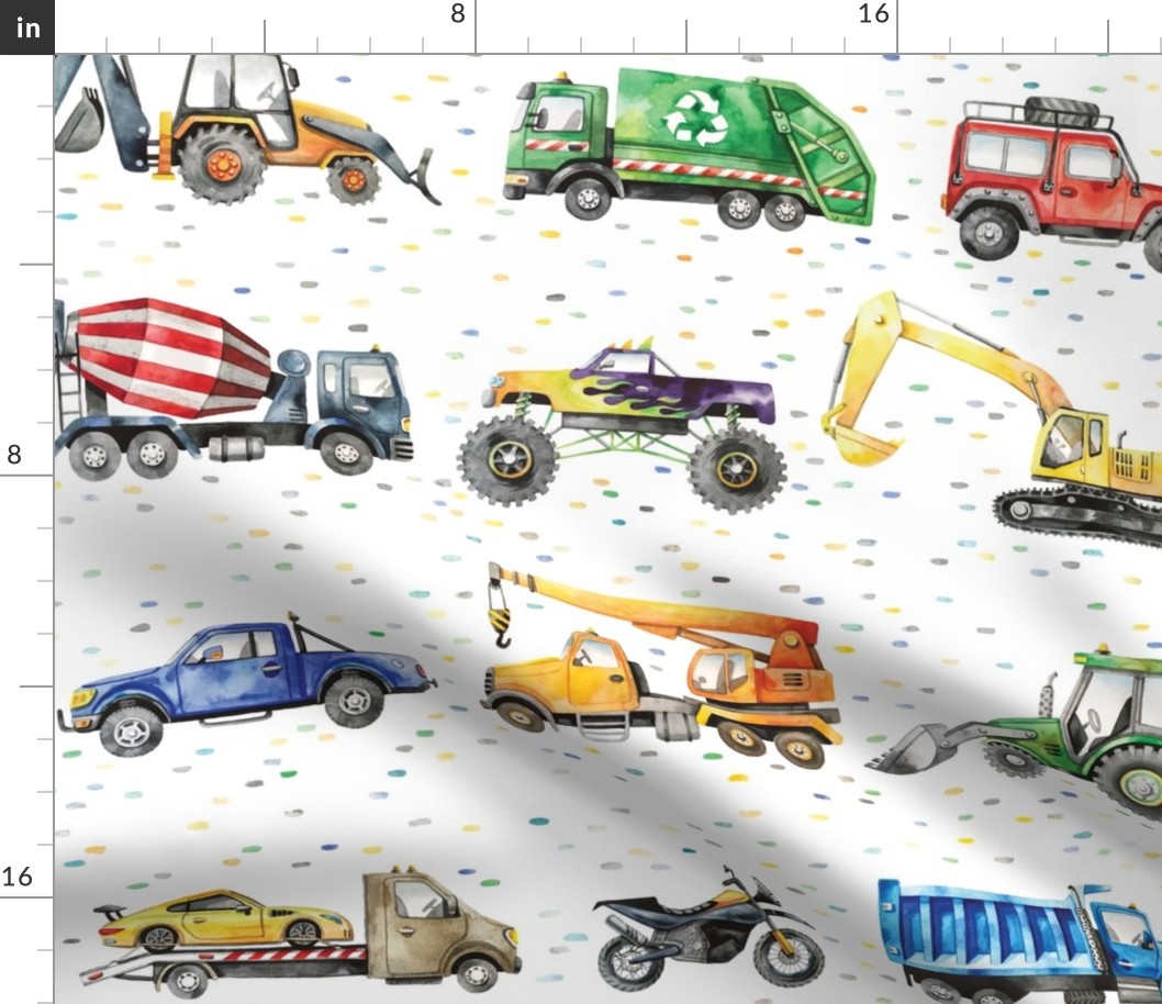 watercolor trucks and cars in line with dots