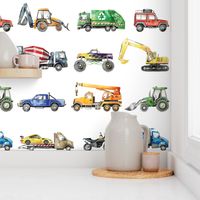 watercolor trucks and cars in line