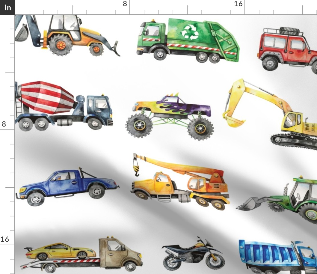 watercolor trucks and cars in line