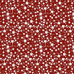 Small Scale Botanical White flowers on a Maroon Red Background