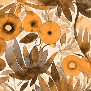 Abstract Whimsical Watercolor Flower Pattern Tangerine Marigold Colors