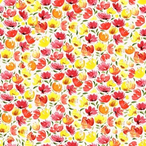 Vibrant watercolour flowers in yellow, red, orange