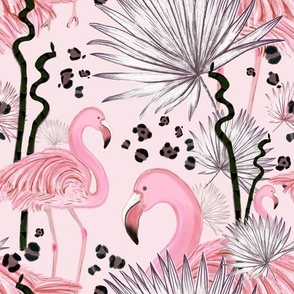 Flamingos with palm leaves and bamboos