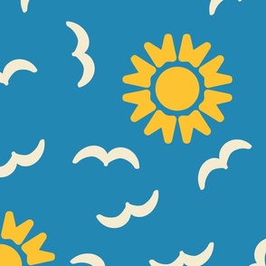 Sunny-Sky-with-Seagull---L---sky-blue-yellow-white---LARGE---3600 - for soothing summer curtains, bedding, pillows for kids