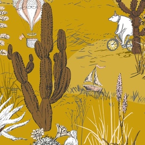 whimsical cactus landscape mustard yellow - L