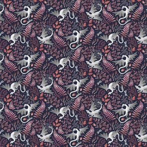 Forest dragons autumn pinks on navy Xsmall