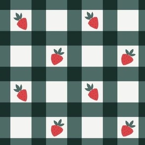 Dark forest green gingham with ditsy strawberries