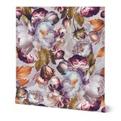 Baroque bold lush moody floral flower garden with english roses, bold peonies, antiqued flemish flowers purple park