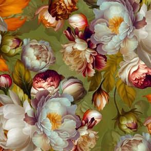 Baroque bold lush moody floral flower garden with english roses, bold peonies, antiqued flemish flowers spring green park