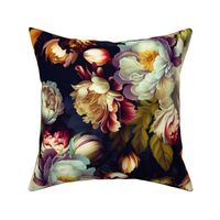 Baroque bold lush moody floral flower garden with english roses, bold peonies, antiqued flemish flowers dark night park