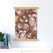 Baroque bold lush moody floral flower garden with english roses, bold peonies, antiqued flemish flowers sepia tannedpark