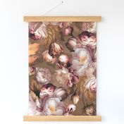 Baroque bold lush moody floral flower garden with english roses, bold peonies, antiqued flemish flowers sepia tannedpark