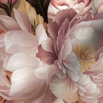 Baroque bold lush moody floral flower garden with english roses, bold peonies, antiqued flemish flowers sepia tannedpark