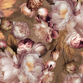 Baroque bold lush moody floral flower garden with english roses, bold peonies, antiqued flemish flowers sepia tannedpark